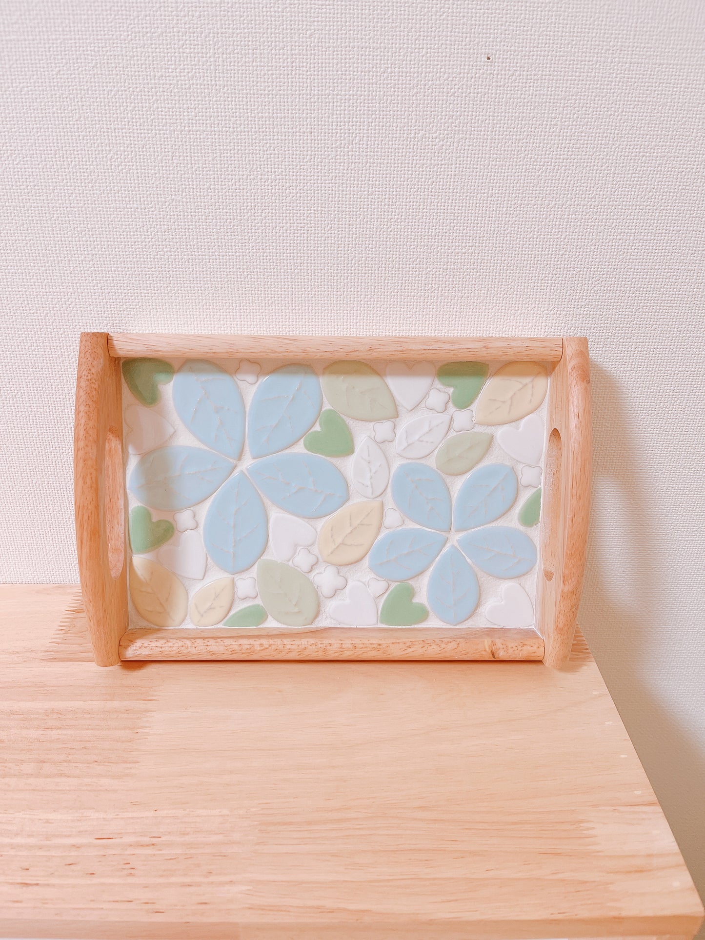 カフェトレイ/水色　花